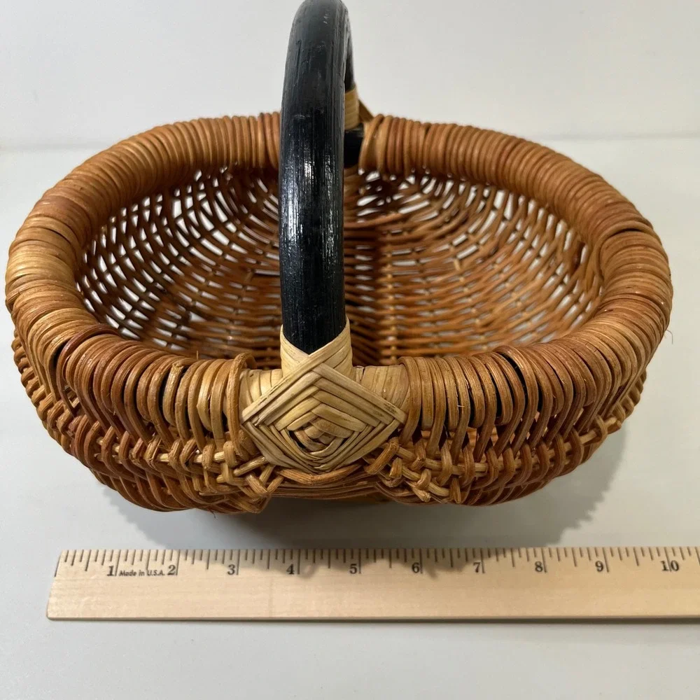 Vintage Woven Wicker Egg Basket Home Brown Black Handle Boho Cottage Farmhouse